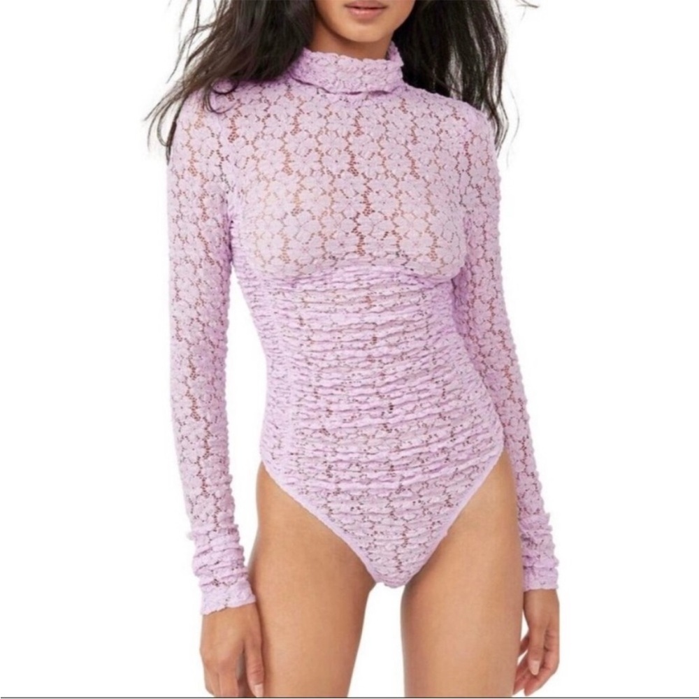 Free People Day and Night Sheer Lace Long Sleeve Bodysuit Lavender S NWT